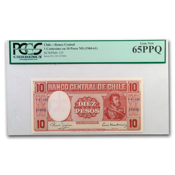 (1960-1961) Chile 1 Centesimo on 10 Pesos CU-65 PPQ PCGS (1960-1961) Chile 1 Centesimo on 10 Pesos CU-65 PPQ PCGS